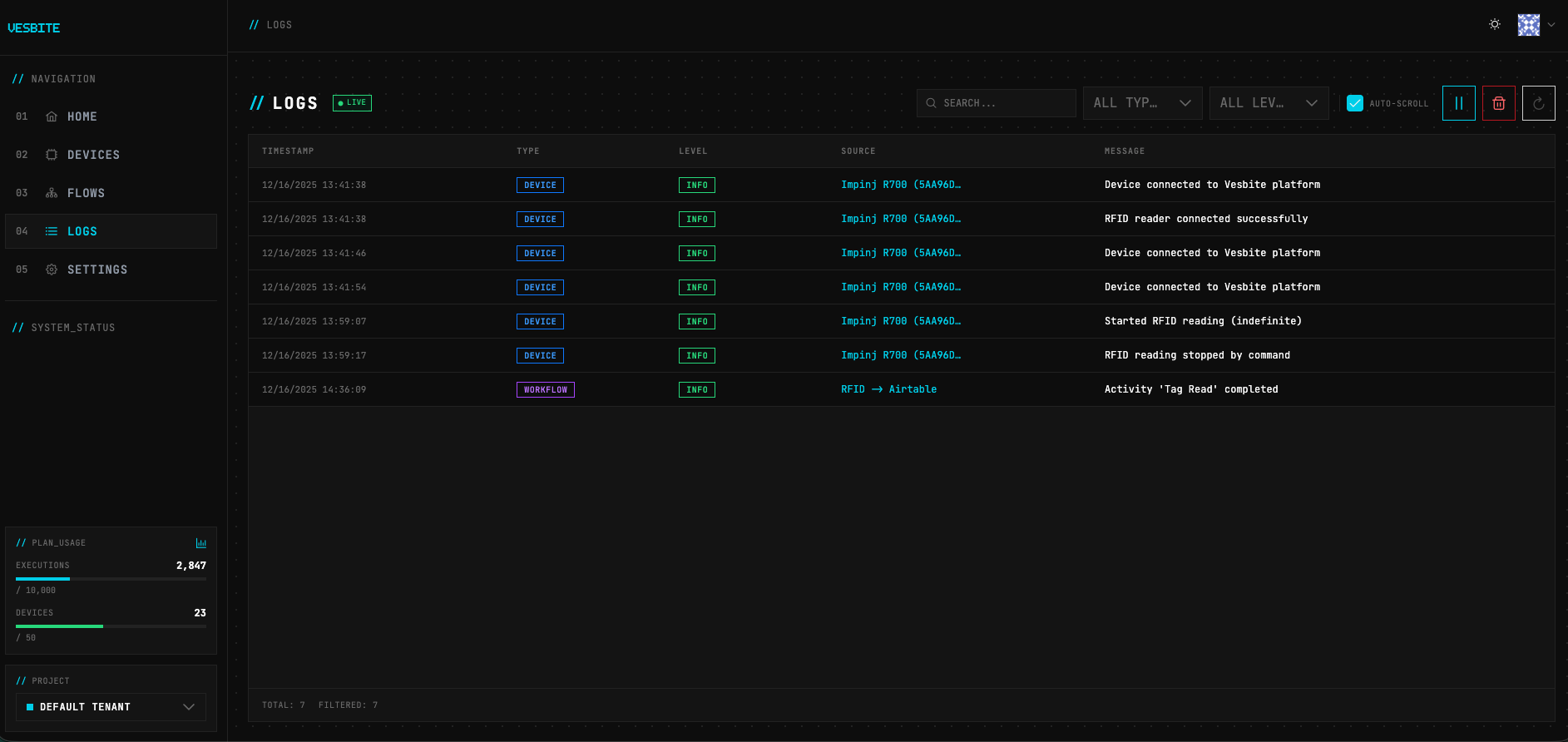 Vesbite live logs showing RFID reader and workflow activity in real-time