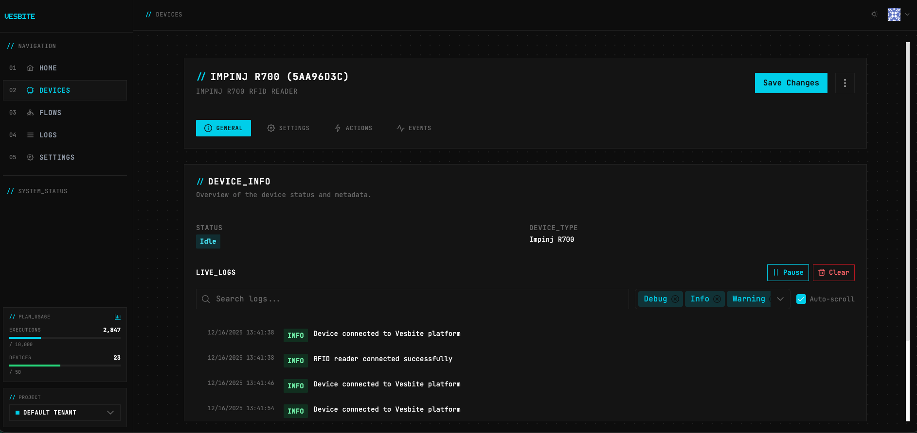 Vesbite device management interface for IMPINJ R700 RFID reader